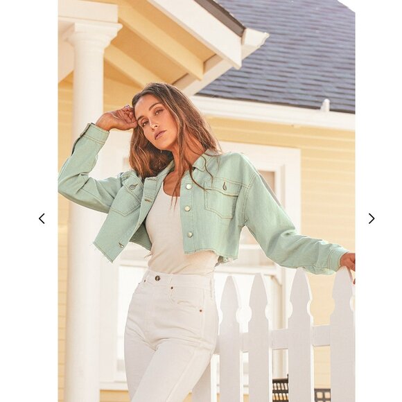Lulu's | Palling Around Sage Green Cropped Denim Jacket L - Picture 3 of 7